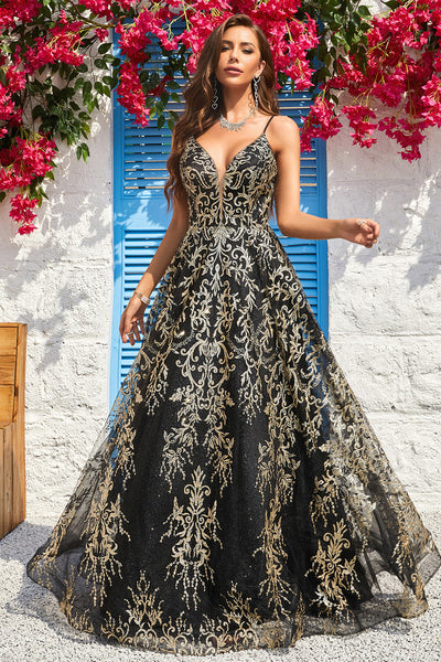 Zapaka Women Black Golden Prom Dress Spaghetti Straps Backless Formal Dress, BlackGolden / US20W Zapaka Women Black Golden Prom Dress Spaghetti Straps Backless Formal Dress, BlackGolden / US20W
