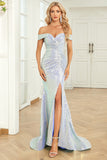 Mermaid Off the Shoulder Blue Sequins Long Formal Dress with Split Front