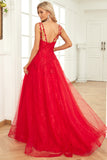 A Line Spaghetti Straps Red Long Prom Dress with Appliques