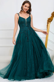 Dark Green A Line Spaghetti Straps Long Prom Dress with Appliques