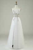 Gorgeous A Line Spaghetti Straps White Tulle Long Wedding Dress with Beading