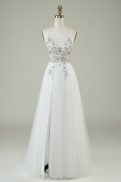 Long Tulle Dress with Beaded Straps White