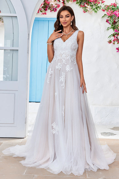 Zapaka Women Apricot Tulle Sweep Train Wedding Dress with Lace V
