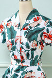 Retro V Neck Leaf Printed Vintage Dress