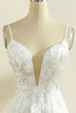 White Spaghetti Straps Boho Wedding Dress with Slit