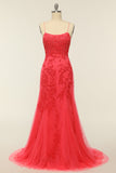 Coral Backless Long Prom Dress with Appliques