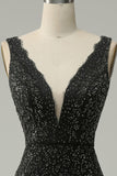 Mermaid Deep V Neck Black Lace Long Prom Dress with Beading