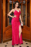 Sparkly Royal Blue Mermaid Spaghetti Straps V-Neck Sequin Long Prom Dress With Split