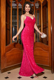 Sparkly Royal Blue Mermaid Spaghetti Straps V-Neck Sequin Long Prom Dress With Split