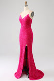 Black Mermaid Spaghetti Straps V-Neck Sequin Long Prom Dress With Split