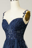 A Line Spaghetti Straps Navy Prom Dress with Appliques