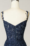 A Line Spaghetti Straps Navy Prom Dress with Appliques