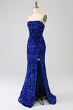 Red Strapless Sequins Long Mermaid Prom Dress With Slit