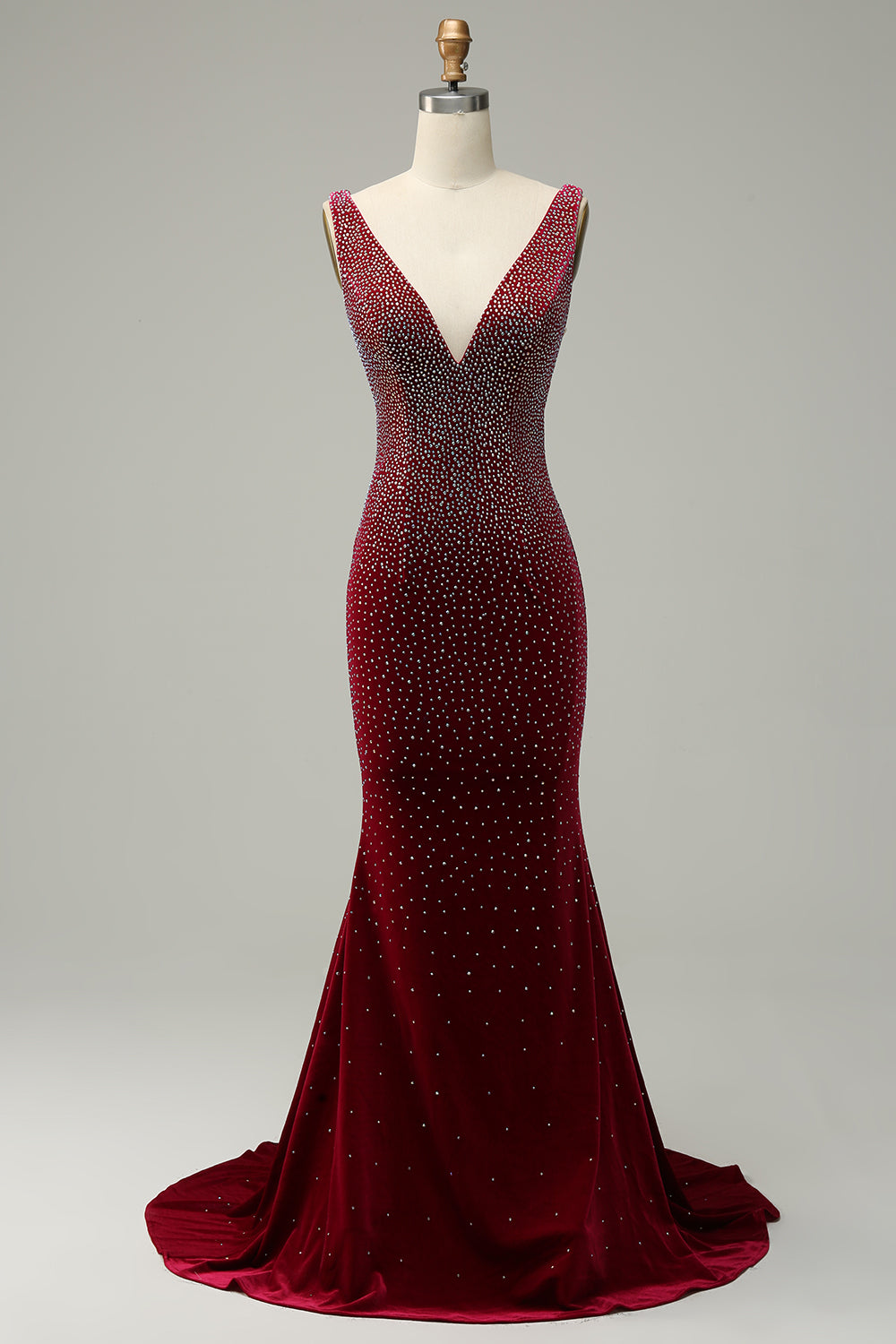 Mermaid Deep V Neck Burgundy Long Prom Dress with Beading