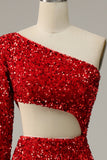 Mermaid One Shoulder Red Sequins Cut Out Prom Dress with Slit Front