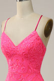 Mermaid Spaghetti Straps Sequined Hot Pink Long Prom Dress