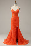 Mermaid Spaghetti Straps Orange Long Prom Dress with Slit Front