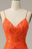 Mermaid Spaghetti Straps Orange Long Prom Dress with Slit Front