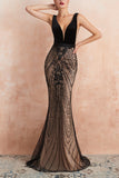 Glitter Mermaid V Neck Sequins Black Backless Long Prom Dress