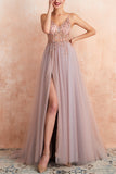 V-neck Grey Pink Tulle Prom Dress