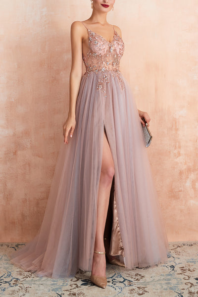 【完売商品】Acka. volume tulle dress Zapaka Women A-line V-neck Grey Pink Slit Tulle Prom Dress – ZAPAKA