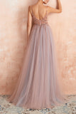 Blue A Line Spaghetti Straps Slit Tulle Prom Dress with Slit
