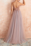 A Line Grey Pink V-neck Tulle Prom Dress with Slit