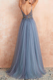 Blue A Line Spaghetti Straps Slit Tulle Prom Dress with Slit