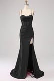 Stunning Black Mermaid Spaghetti Straps Corset Prom Dress with Split Front