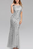 Mermaid Short Sleeves Silver Prom Dress