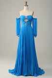 A Line Off the Shoulder Blue Long Prom Dress With Beading