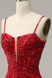 Mermaid Spaghetti Straps Red Sequins Long Prom Dress with Split Front