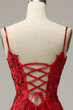 Mermaid Spaghetti Straps Red Sequins Long Prom Dress with Split Front