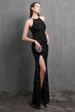 Burgundy Sequin Long Evening Dress with Slit