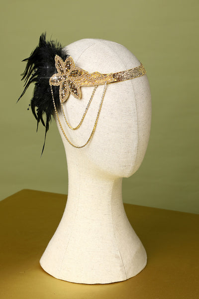 1920s Headband Black Feather Bridal Great Gatsby 20s Golden Flapper Headpiece