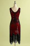 Red and Black Deep V Neck Flapper 1920s Dress