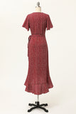 Summer Burgundy Print Wrap Casual Dress