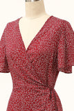 Summer Burgundy Print Wrap Casual Dress
