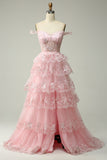 Sparkly Black Pink Tiered Lace A-Line Long Prom Dress with Slit