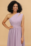Lilac Chiffon One Shoulder Bridemaids Dress with Ruffles