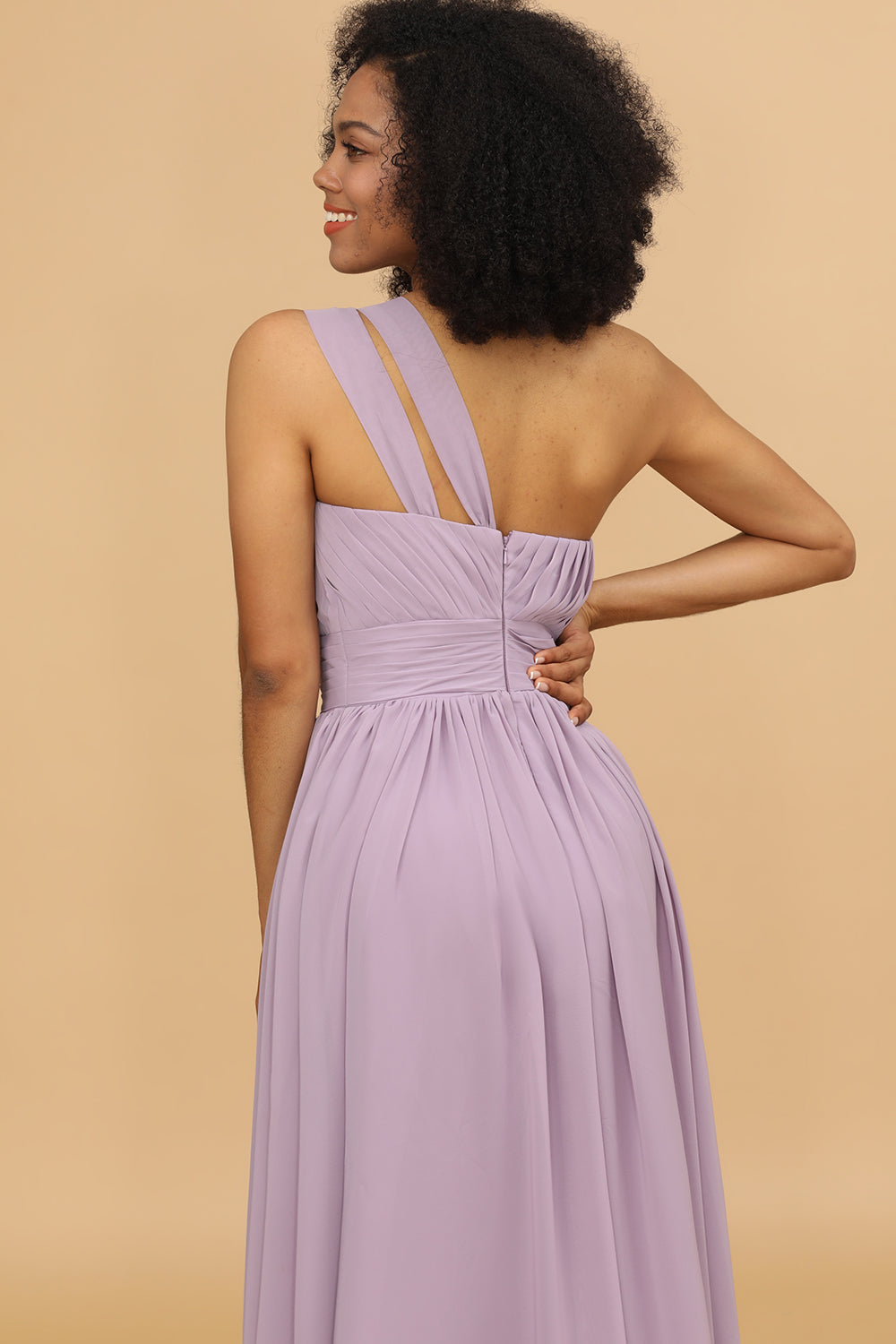 Lilac Chiffon One Shoulder Bridemaids Dress with Ruffles
