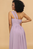 Lilac Chiffon One Shoulder Bridemaids Dress with Ruffles