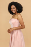 A Line Strapless Blush Satin Long Bridesmaid Dress