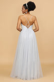 Grey Spaghetti Straps Tulle A-Line Bridesmaid Dress