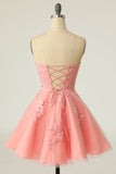 Blush Strapless Short Prom Dress with Appliques