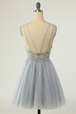 Gorgeous A Line Spaghetti Straps Grey Short Homecoming Dress with Beading