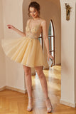 Champagne Spaghetti Straps Homecoming Dress With Appliques