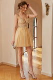 Champagne Spaghetti Straps Homecoming Dress With Appliques