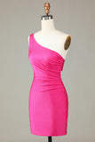 Unique Hot Pink One Shoulder Pleated Short Tight Homecoming Dress
