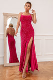 Hot Pink Spaghetti Straps Sequin Prom Dress